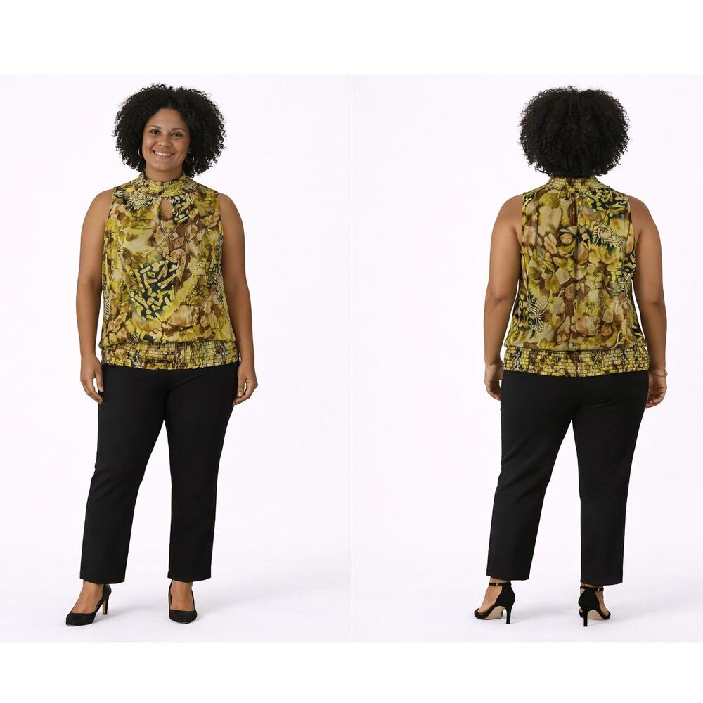 Serenade New York Medium Sleeveless Mock Neck Blouse Earth Tone Print EUC